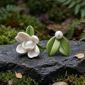 Asymmetrical Floral Leaf Faux Pearl Sterling Silver Post Stud Earrings Botanical